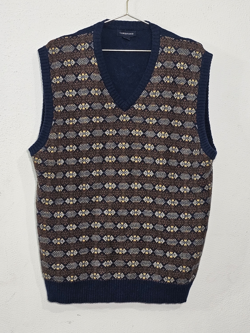 Lands' End Men's V-Neck Sweater Vest in Navy, Brown and Cream - Picture 3 of 7